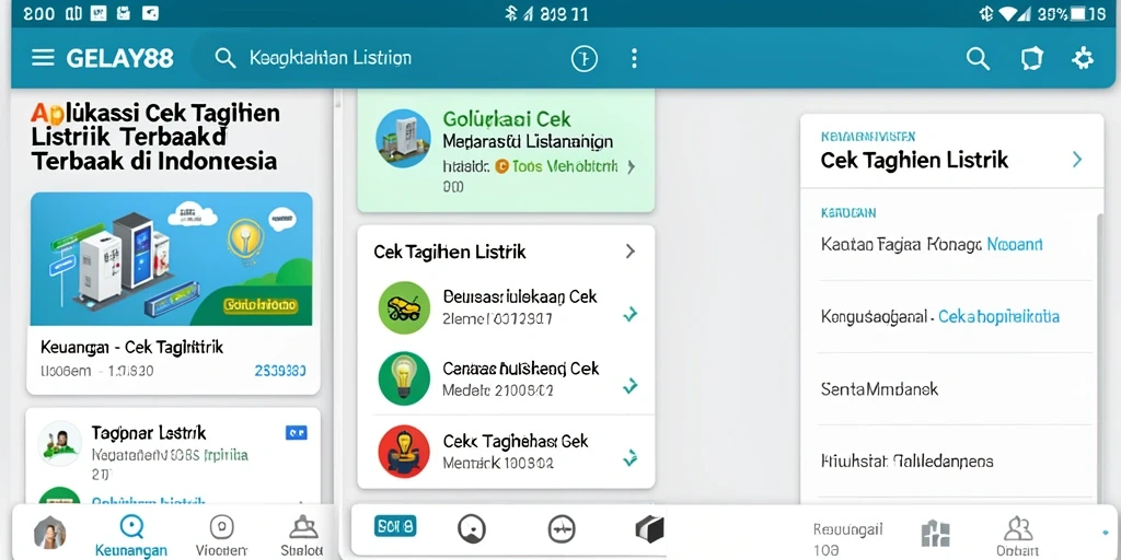 Screenshot utama aplikasi GELAY88 yang menampilkan fungsi cek tagihan listrik.