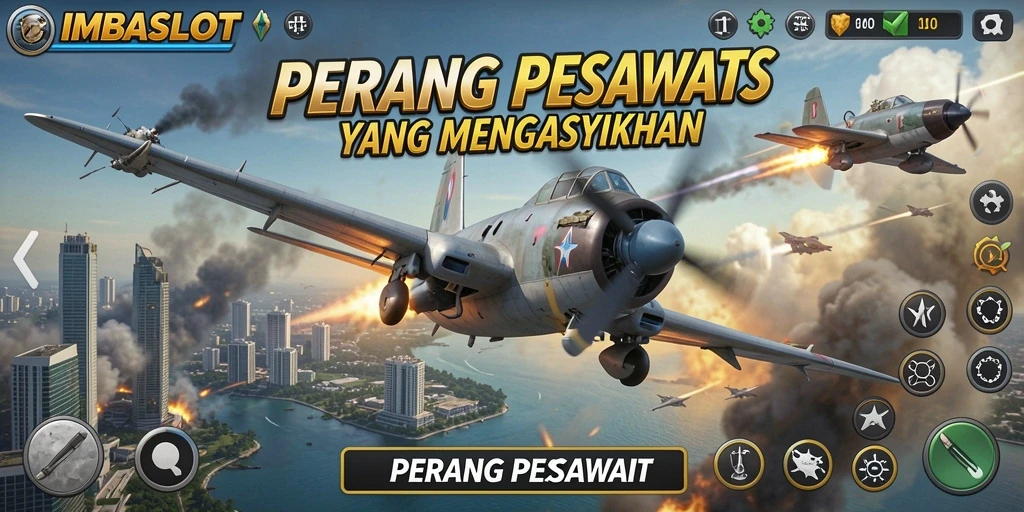 Tampilan antarmuka utama IMBASLOT dengan pesawat tempur dan pertempuran udara.