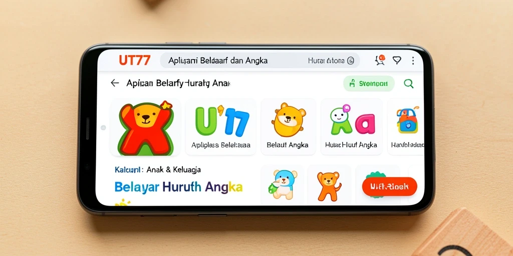 Tampilan antarmuka UT77 yang ceria dan menarik untuk belajar huruf dan angka.